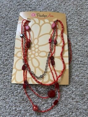 Penelope Ann Red Layered Beaded Necklace with Silver Chains